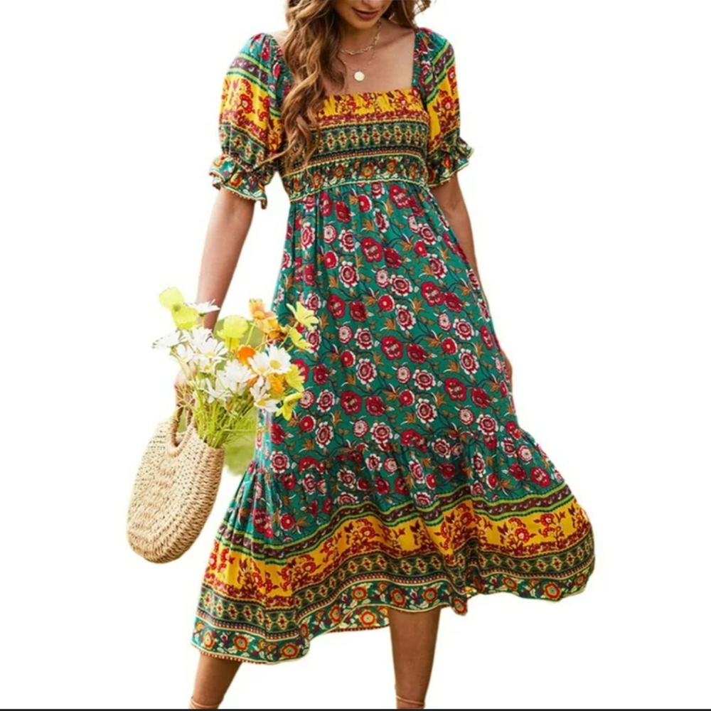 NWT Women's Summer Bohemian Square Neck Floral Print Flowy Beach Dress